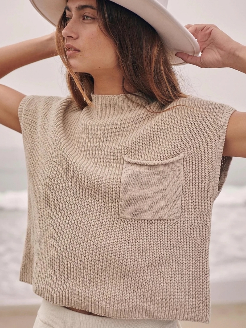 Free People Beach Freya Oatmeal Sleeveless Knit Pocket Sweater Vest in Beige